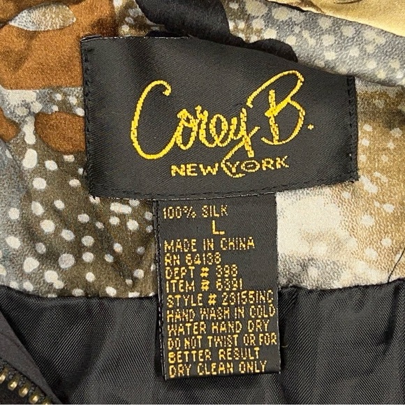 LARGE VINTAGE COREY B SILK JACKET BEIGE BROWN ABSTRACT PRINT LONG SLEEVE 90s - Picture 10 of 11